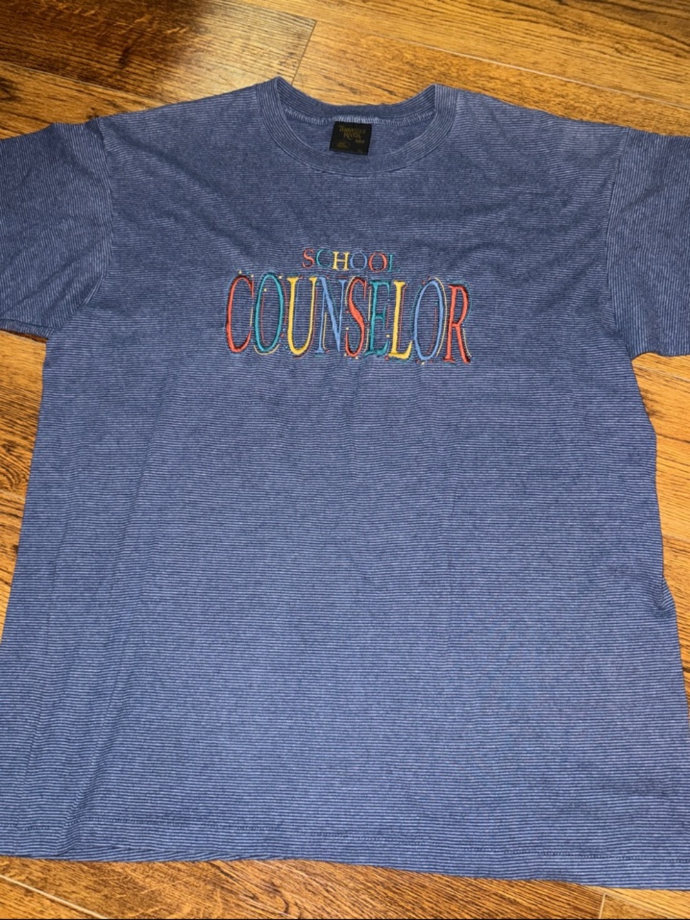 Vintage 90s School Counselor Embroidered Tee in Heather Blue Stripes XL